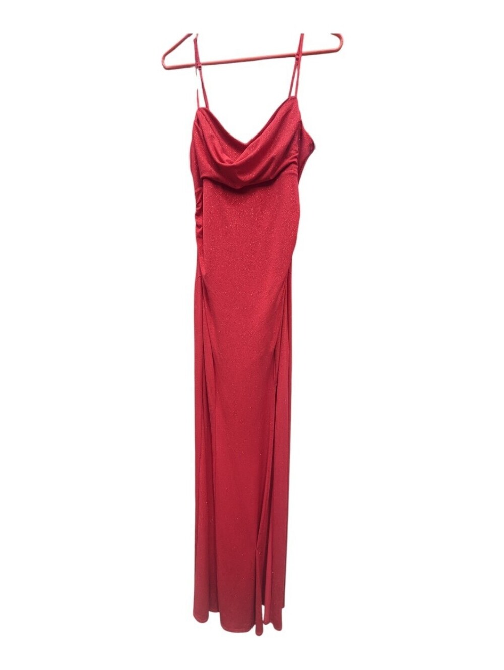 Emerald Sundae JUNIORS Red Glitter Maxi Dress w/Cowl Neck & High Slit - Sz L